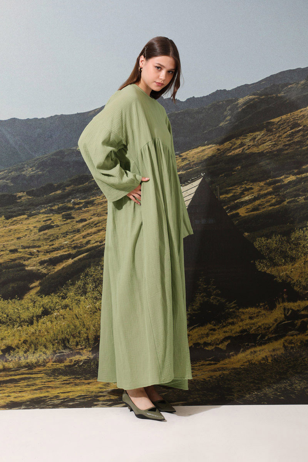 Büzgülü Salaş Müslin Elbise Mint - 1