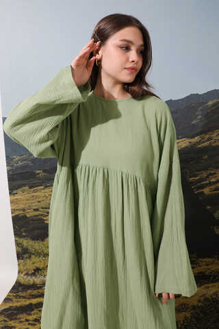 Büzgülü Salaş Müslin Elbise Mint - 5