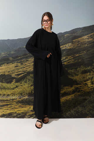 Büzgülü Salaş Müslin Elbise Siyah - 3