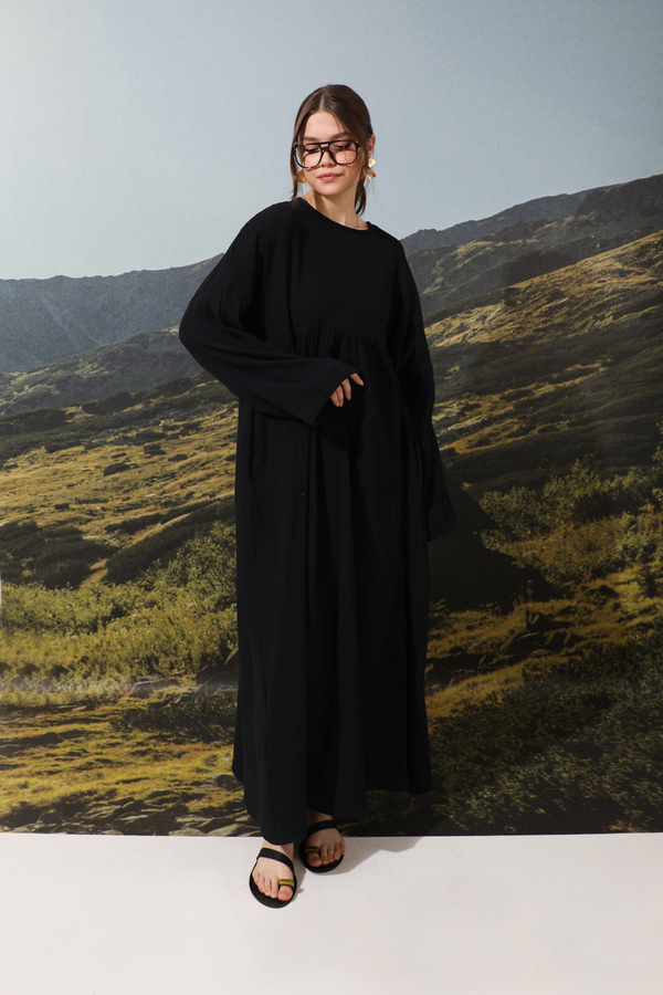 Büzgülü Salaş Müslin Elbise Siyah - 3