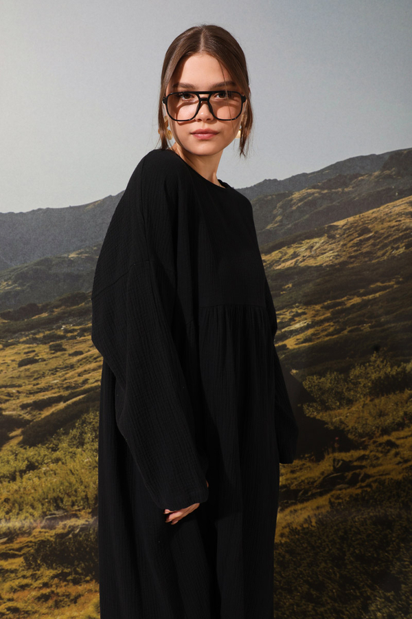 Büzgülü Salaş Müslin Elbise Siyah - 4