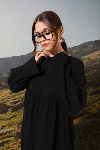 Büzgülü Salaş Müslin Elbise Siyah - 5