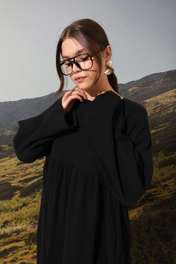 Büzgülü Salaş Müslin Elbise Siyah - 5