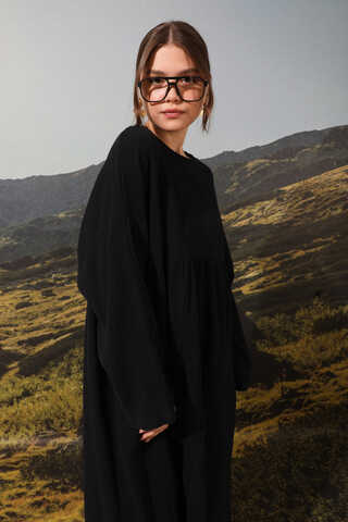 Büzgülü Salaş Müslin Elbise Siyah - 4