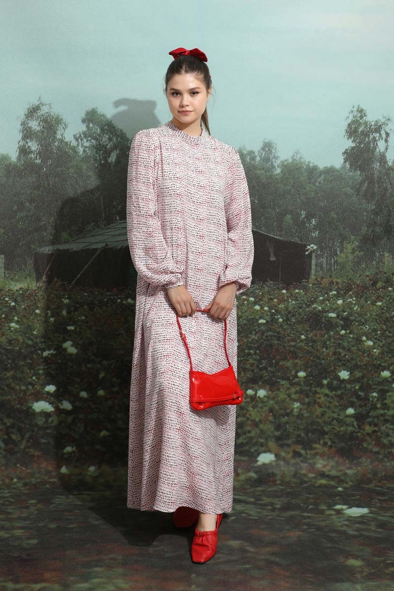 Çakıl Taşı Desen Elbise Kırmızı