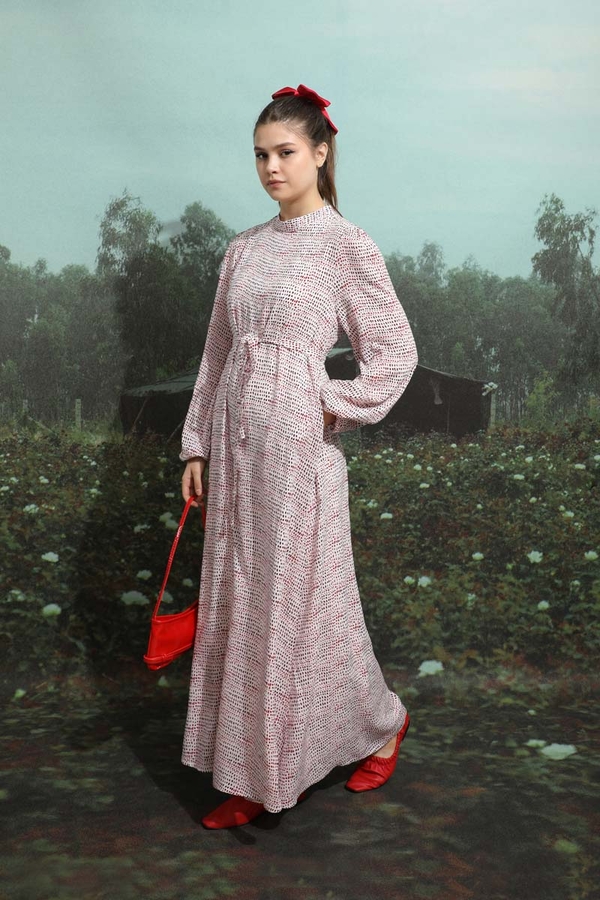 Çakıl Taşı Desen Elbise Kırmızı - 5