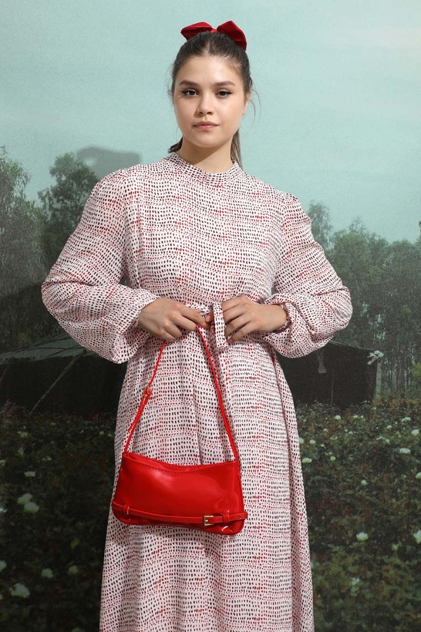 Çakıl Taşı Desen Elbise Kırmızı - 2