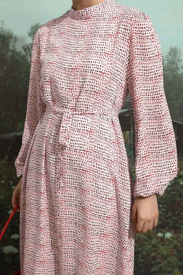 Çakıl Taşı Desen Elbise Kırmızı - 4