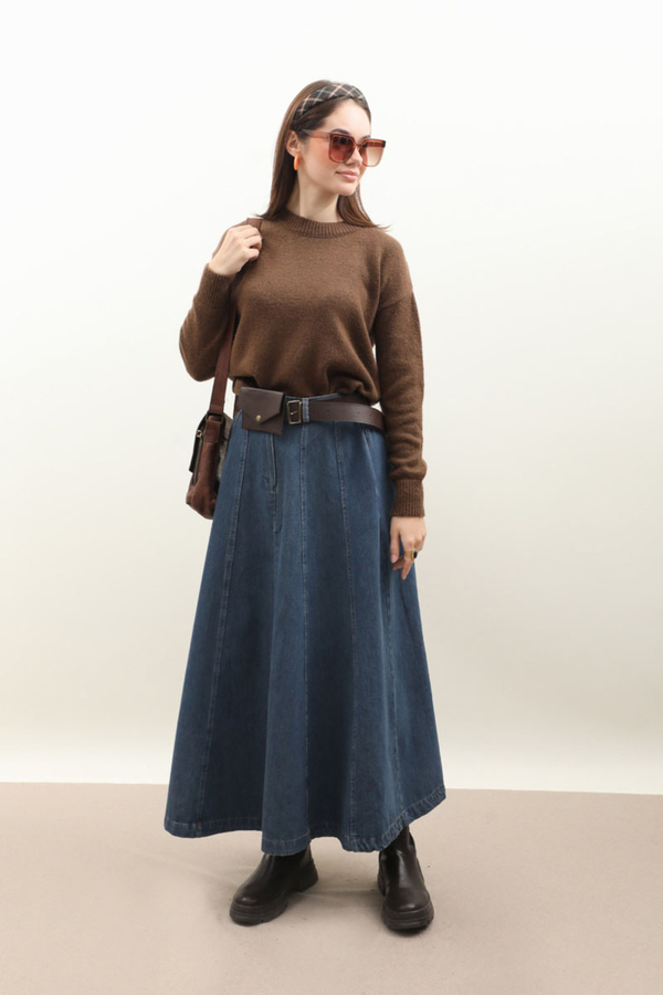 Çanta Kemerli Denim Etek Koyu Mavi - 3