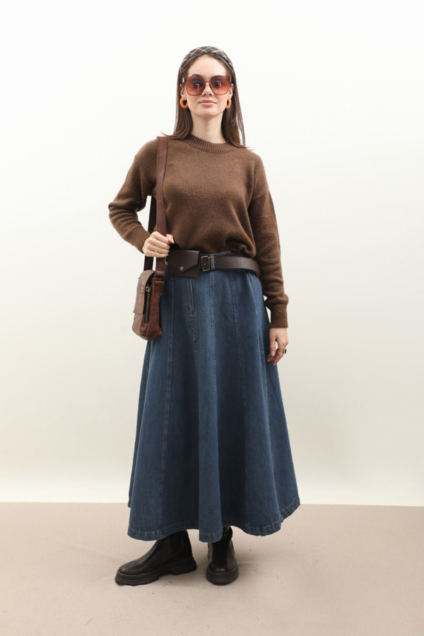 Çanta Kemerli Denim Etek Koyu Mavi - 4