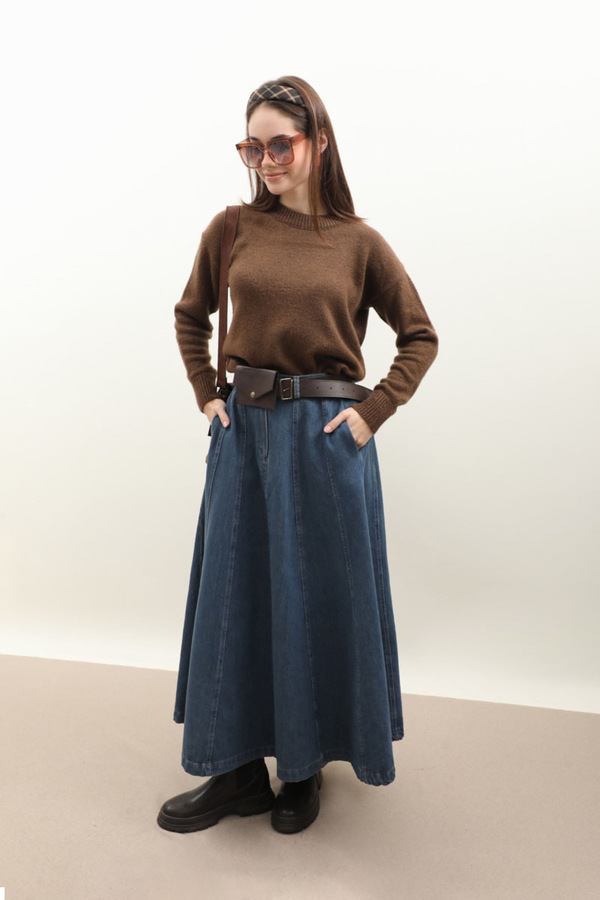 Çanta Kemerli Denim Etek Koyu Mavi - 5