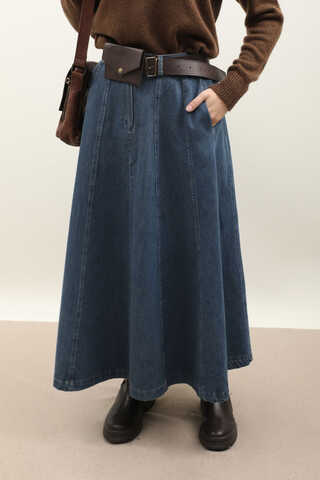 Çanta Kemerli Denim Etek Koyu Mavi - 7