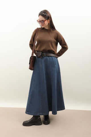 Çanta Kemerli Denim Etek Koyu Mavi - 9