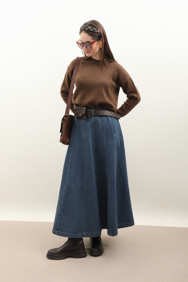 Çanta Kemerli Denim Etek Koyu Mavi - 9