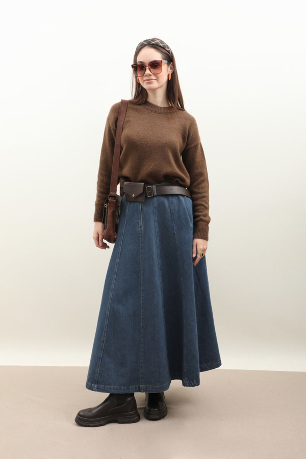 Çanta Kemerli Denim Etek Koyu Mavi - 10