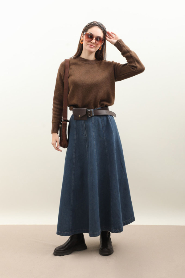 Çanta Kemerli Denim Etek Koyu Mavi - 1