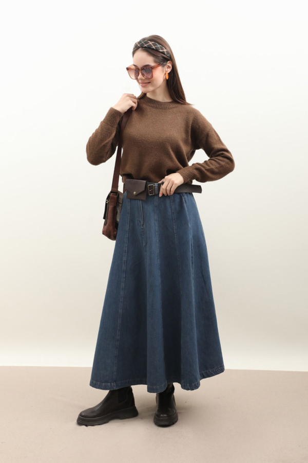 Çanta Kemerli Denim Etek Koyu Mavi - 2