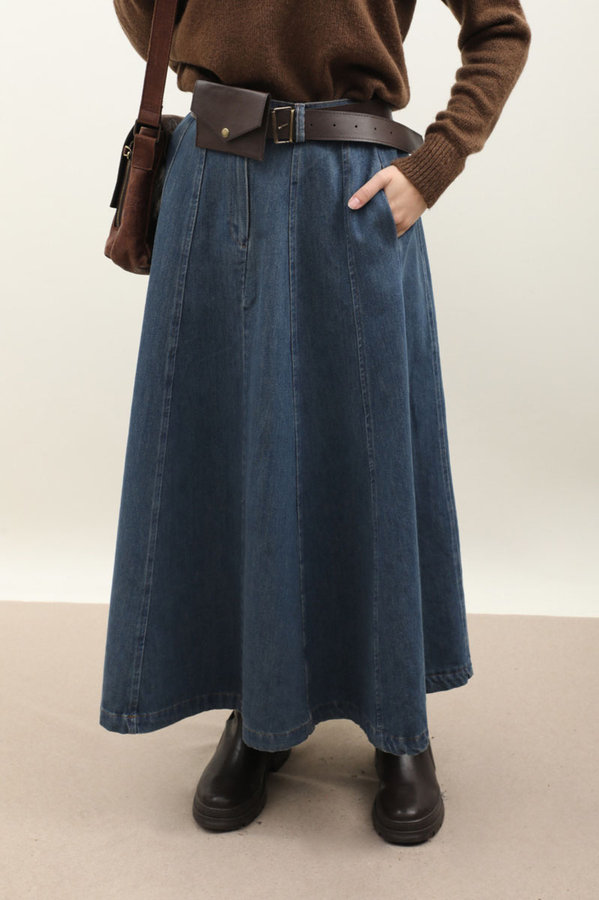 Çanta Kemerli Denim Etek Koyu Mavi - 7