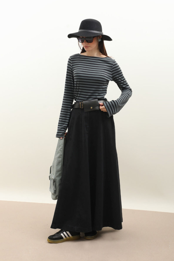 Çanta Kemerli Denim Etek Siyah - 3