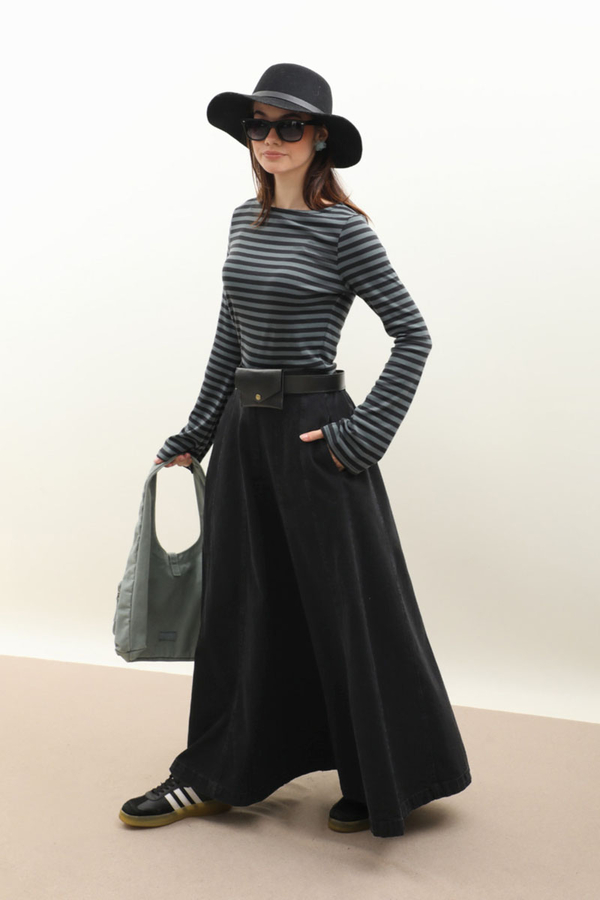 Çanta Kemerli Denim Etek Siyah - 4