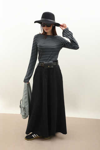 Çanta Kemerli Denim Etek Siyah - 6