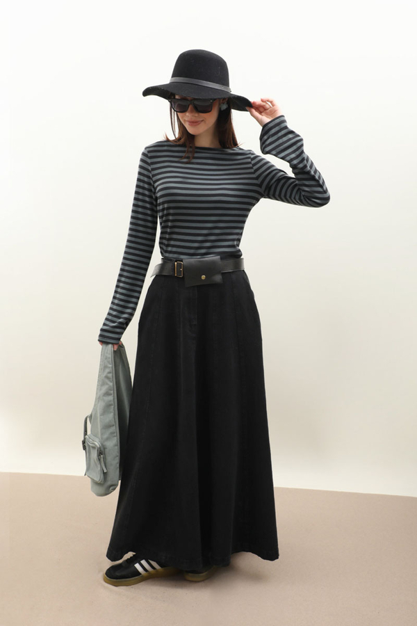 Çanta Kemerli Denim Etek Siyah - 6