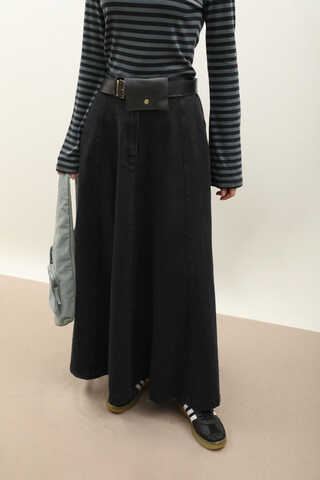 Çanta Kemerli Denim Etek Siyah - 1