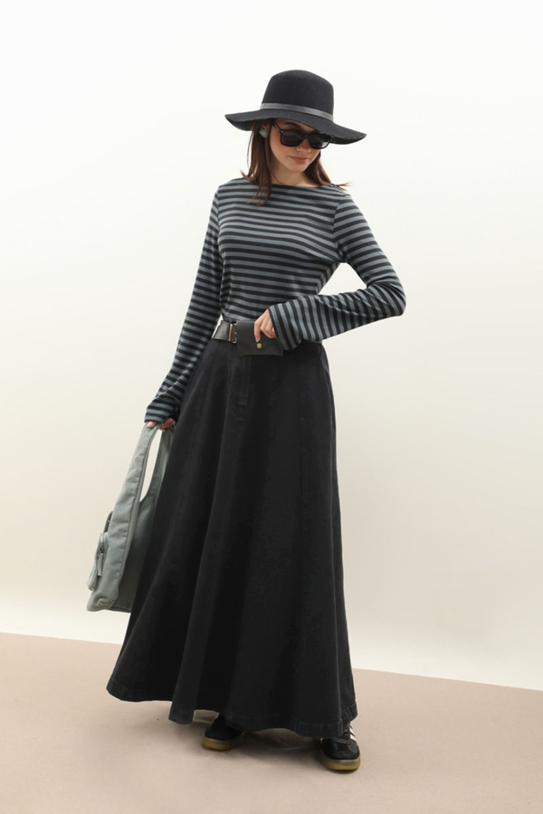 Çanta Kemerli Denim Etek Siyah - 11