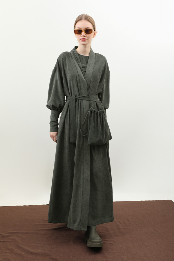 Çantalı Abaya Takım Koyu Yeşil - 11
