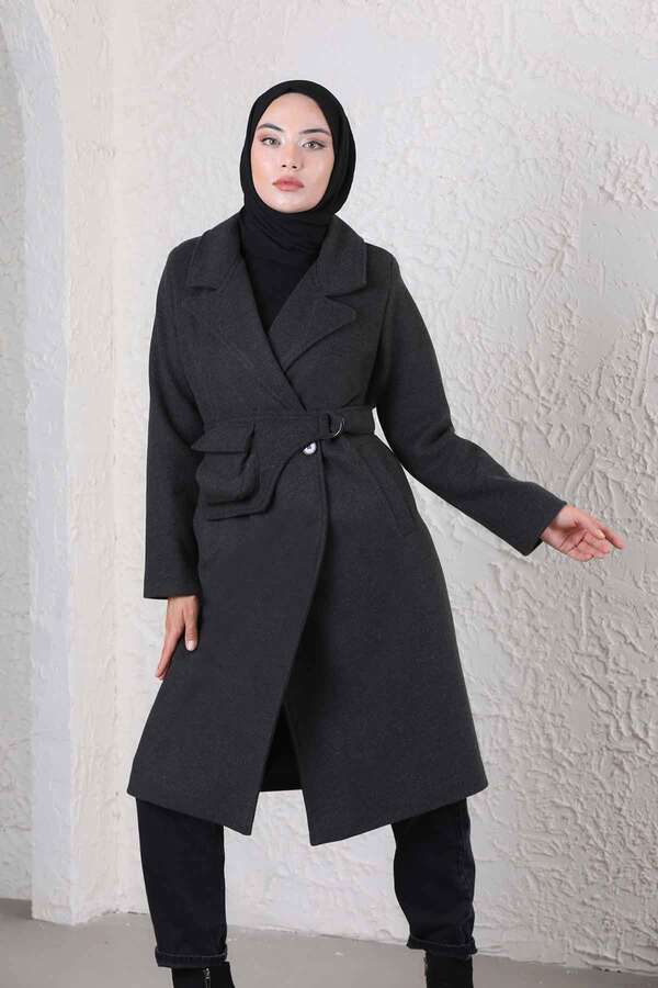 Çantalı Kaşe Kaban Füme - 5