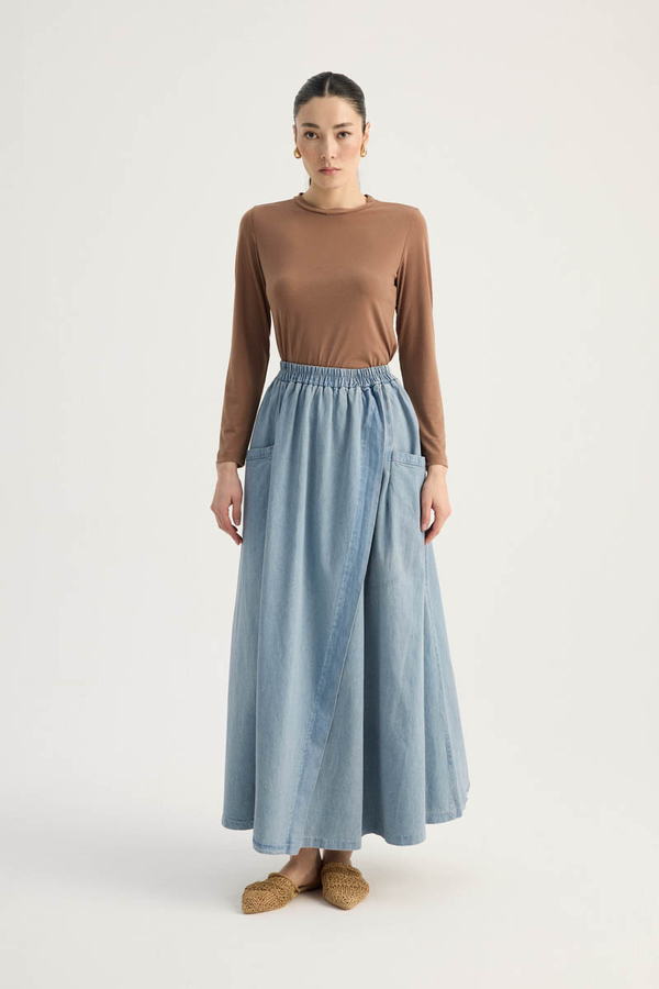 Çapraz Detaylı Denim Etek Buz Mavisi - 2