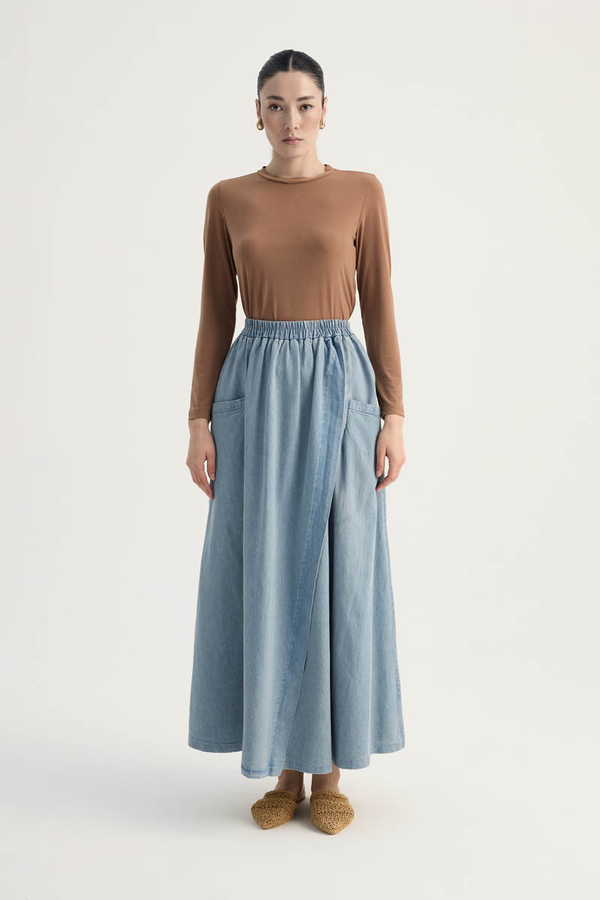 Çapraz Detaylı Denim Etek Buz Mavisi - 3