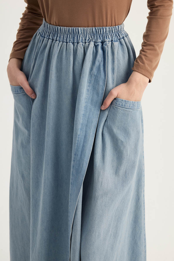 Çapraz Detaylı Denim Etek Buz Mavisi - 7