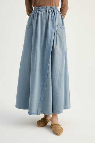 Çapraz Detaylı Denim Etek Buz Mavisi - 1