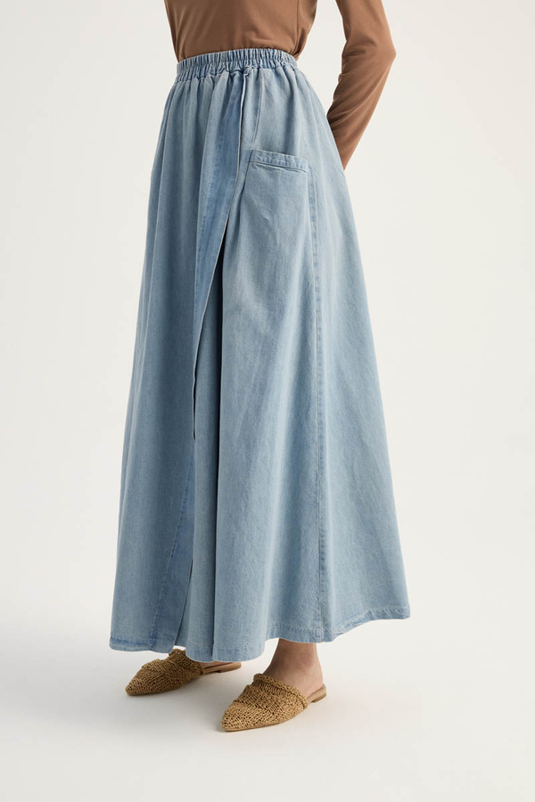 Çapraz Detaylı Denim Etek Buz Mavisi - 10