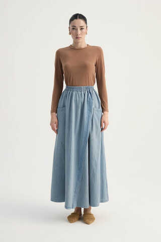 Çapraz Detaylı Denim Etek Buz Mavisi - 3