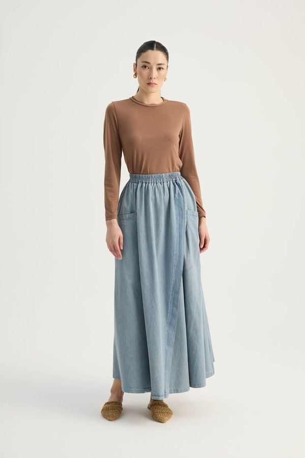 Çapraz Detaylı Denim Etek Buz Mavisi - 4