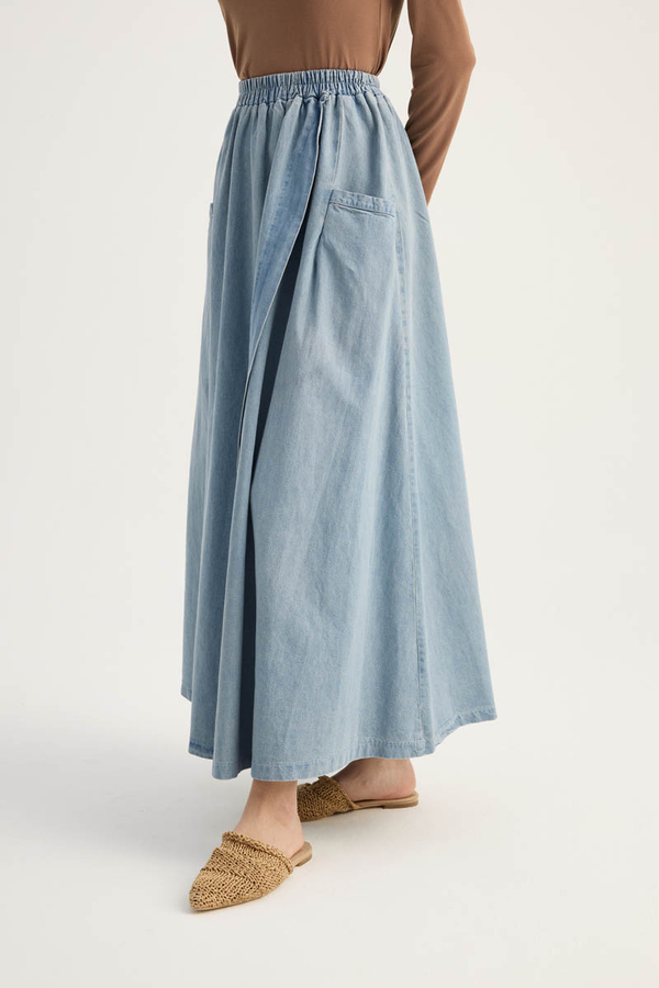 Çapraz Detaylı Denim Etek Buz Mavisi - 9