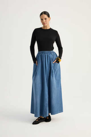 Çapraz Detaylı Denim Etek Mavi - 2