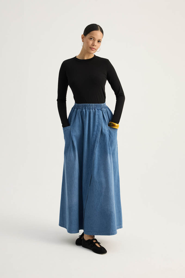 Çapraz Detaylı Denim Etek Mavi - 3