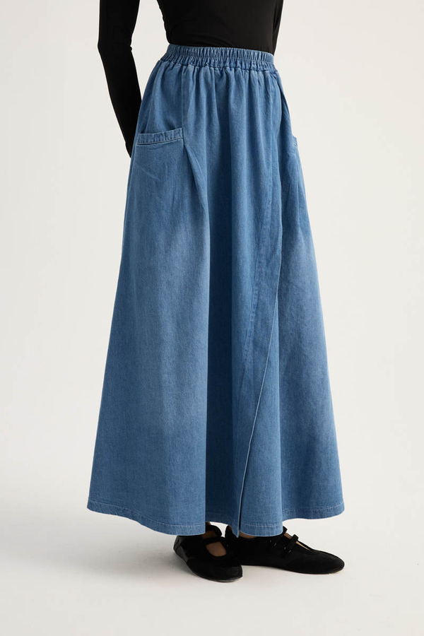 Çapraz Detaylı Denim Etek Mavi - 7