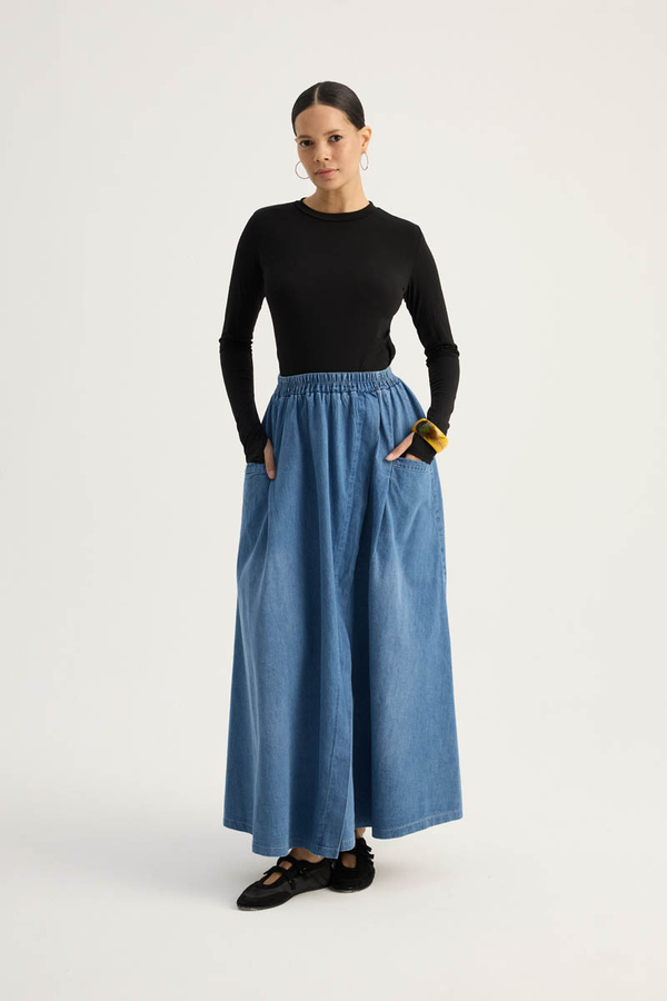 Çapraz Detaylı Denim Etek Mavi (1)