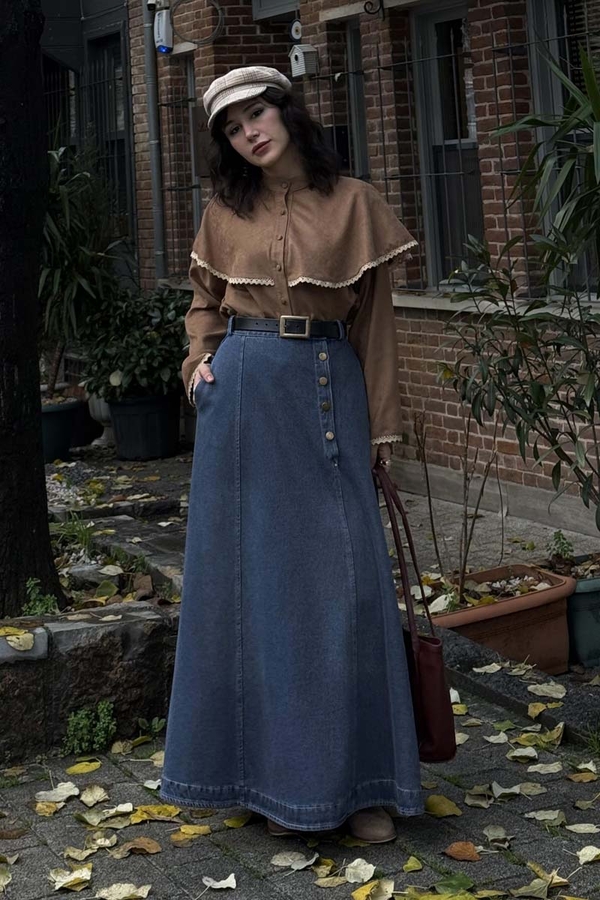 Cep Detaylı Denim Etek Açık Mavi - 7