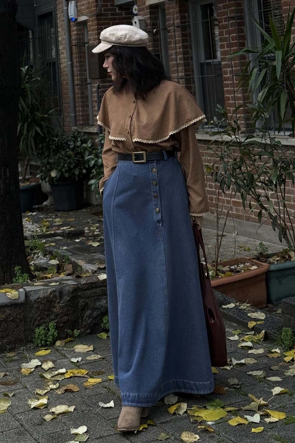 Cep Detaylı Denim Etek Açık Mavi - 8