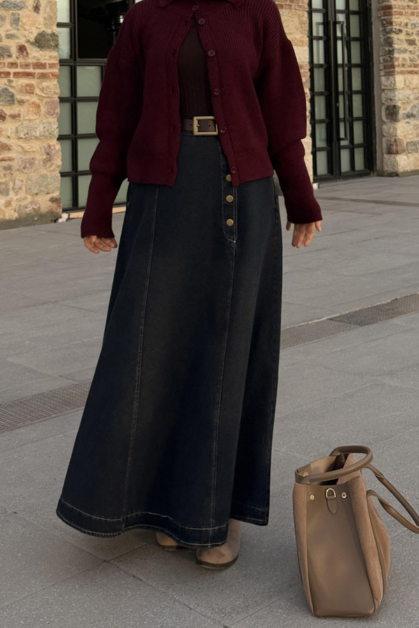 Cep Detaylı Denim Etek Koyu Mavi - 4