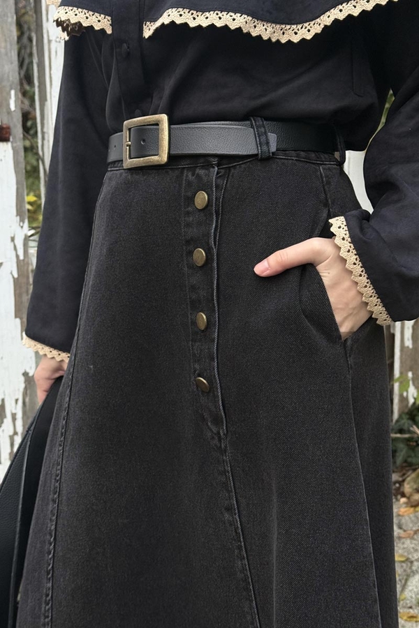 Cep Detaylı Denim Etek Siyah - 2