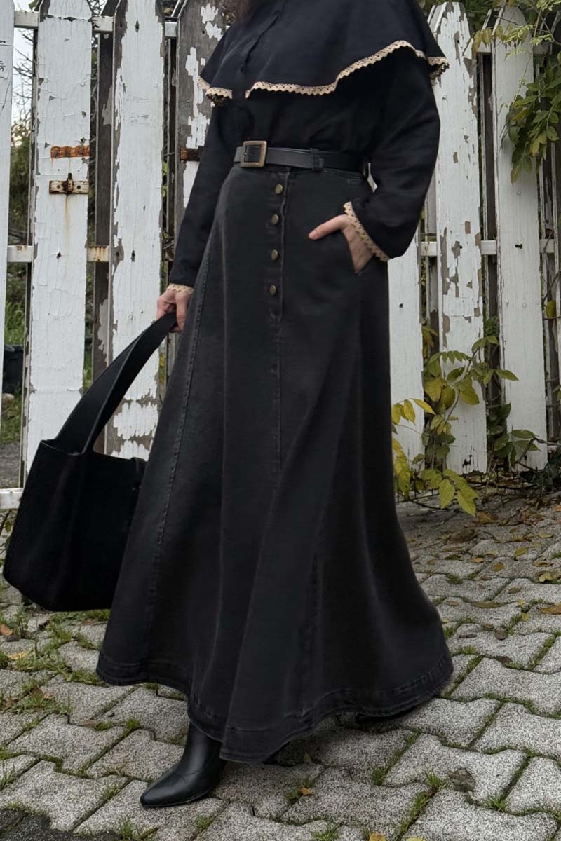 Cep Detaylı Denim Etek Siyah