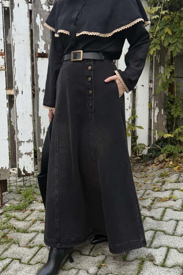 Cep Detaylı Denim Etek Siyah - 4