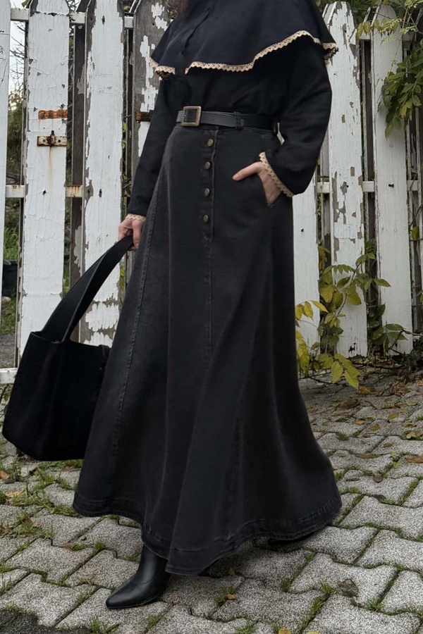 Cep Detaylı Denim Etek Siyah 