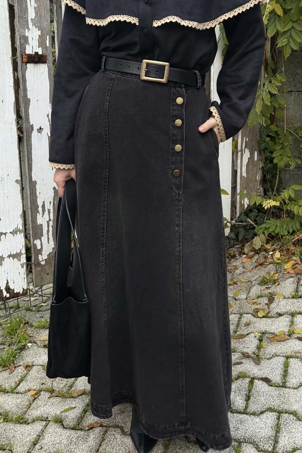 Cep Detaylı Denim Etek Siyah - 3
